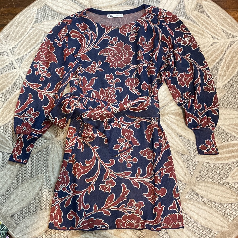 Zara Jacquard Waist Tie Dress
